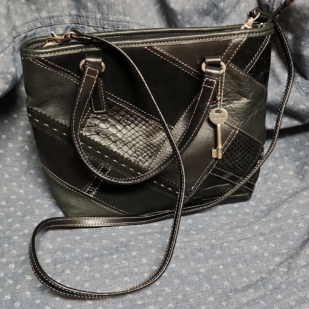 FOSSIL NEW Y2K Black Leather Patchwork Crossbody Purse